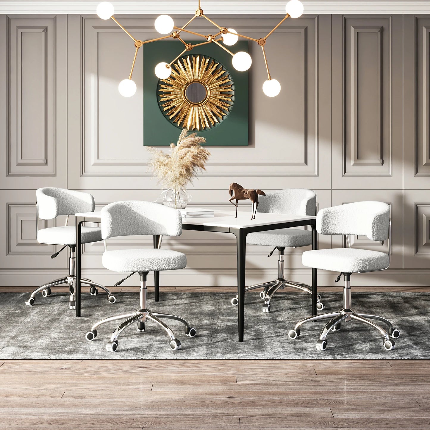 Modern office setup with a table and chairs in a room with decorative wall art and lighting.