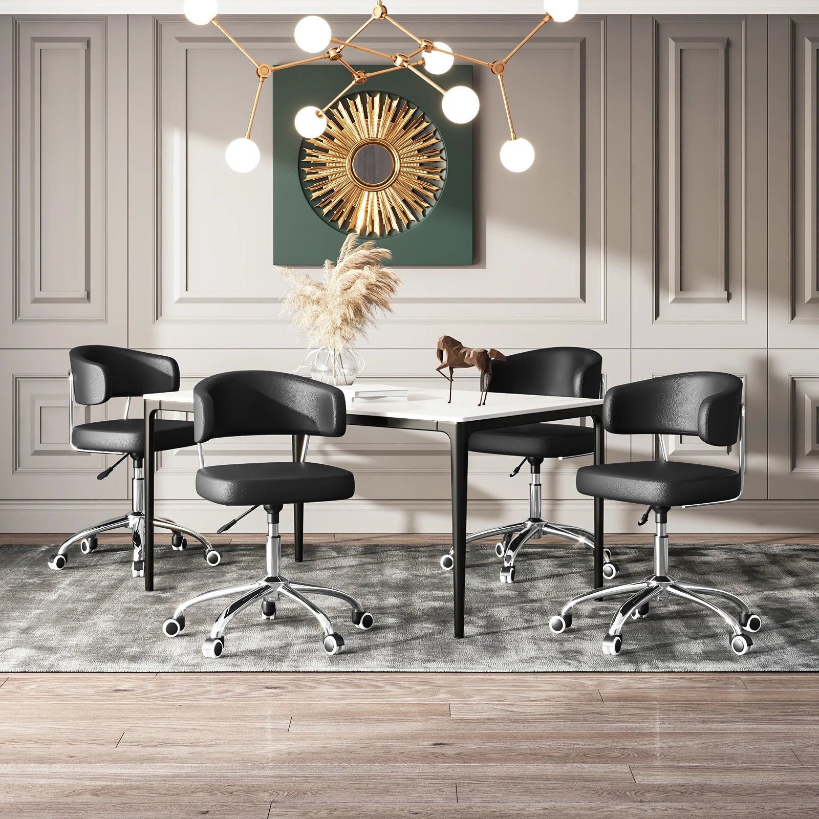 Modern office setup with black chairs and a table in a stylish room.