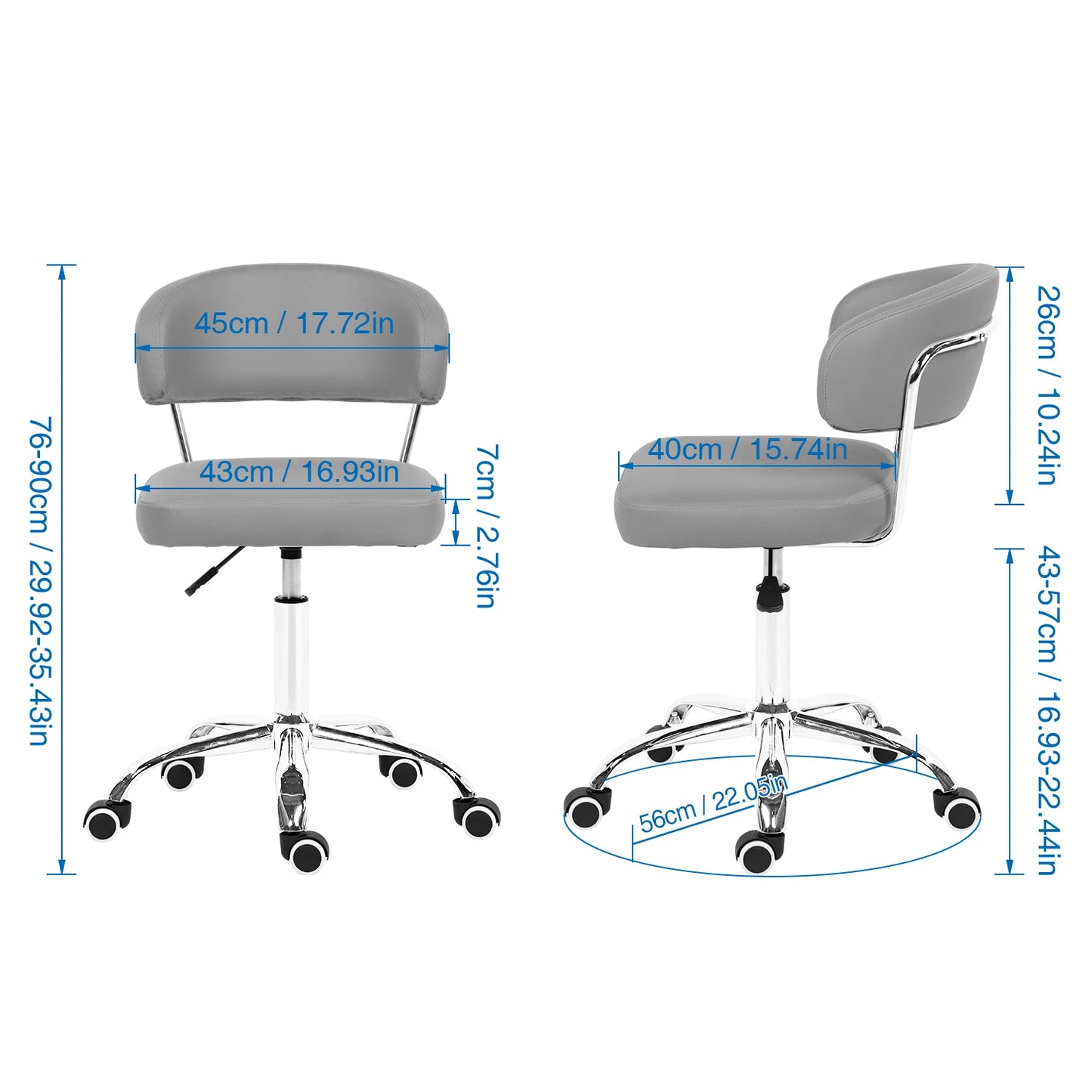 Gray office chair with dimensions labeled on a white background