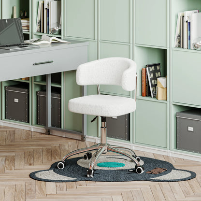 White office chair in a home office setting with a desk and bookshelves.