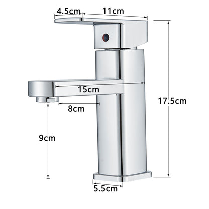 Chrome faucet with dimensions labeled on a white background