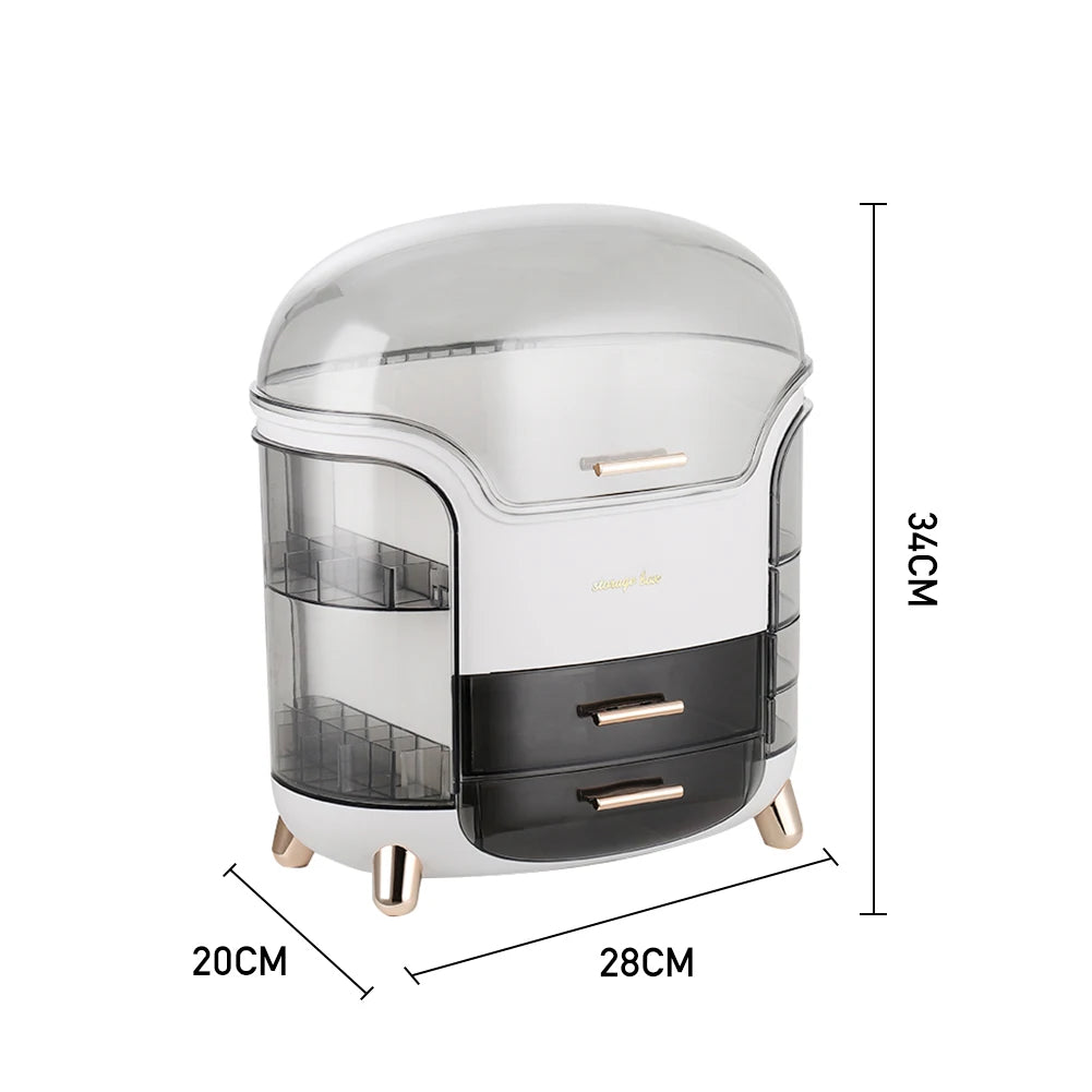 Modern cylindrical storage unit with transparent top and black base, featuring dimensions on a white background.