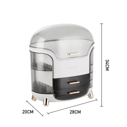 Modern cylindrical storage unit with transparent top and black base, featuring dimensions on a white background.