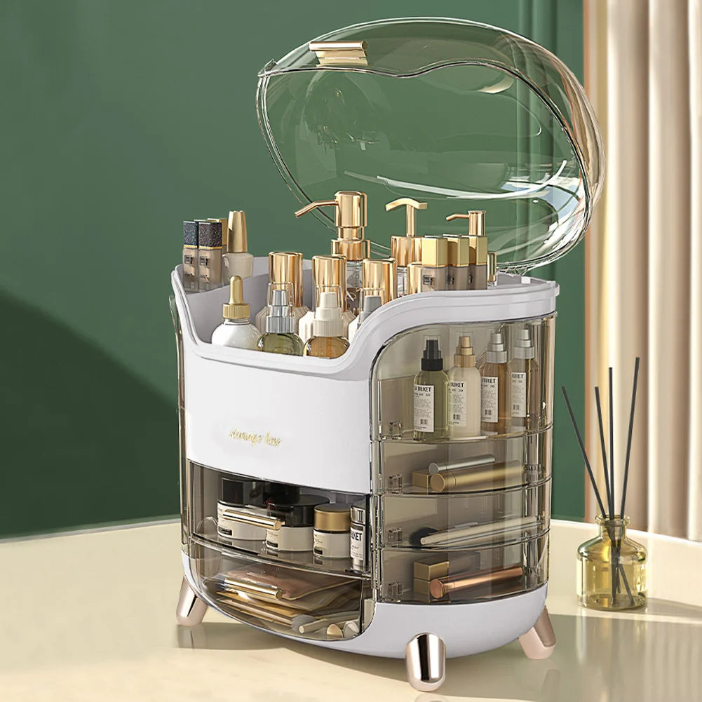 Cosmetic organizer with various bottles on a light surface against a green wall.