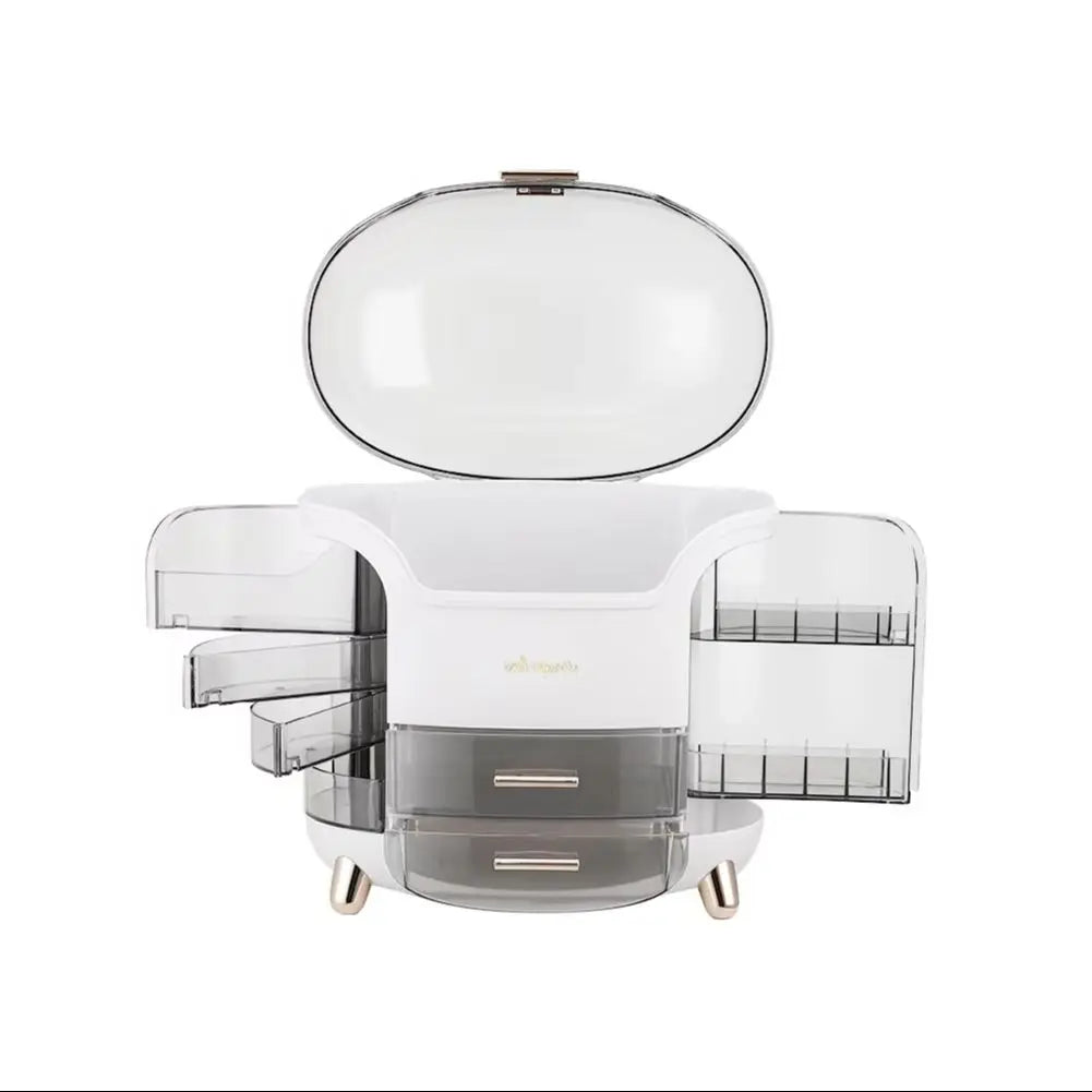 Modern vanity with mirror and drawers on a white background