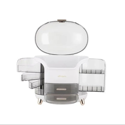 Modern vanity with mirror and drawers on a white background