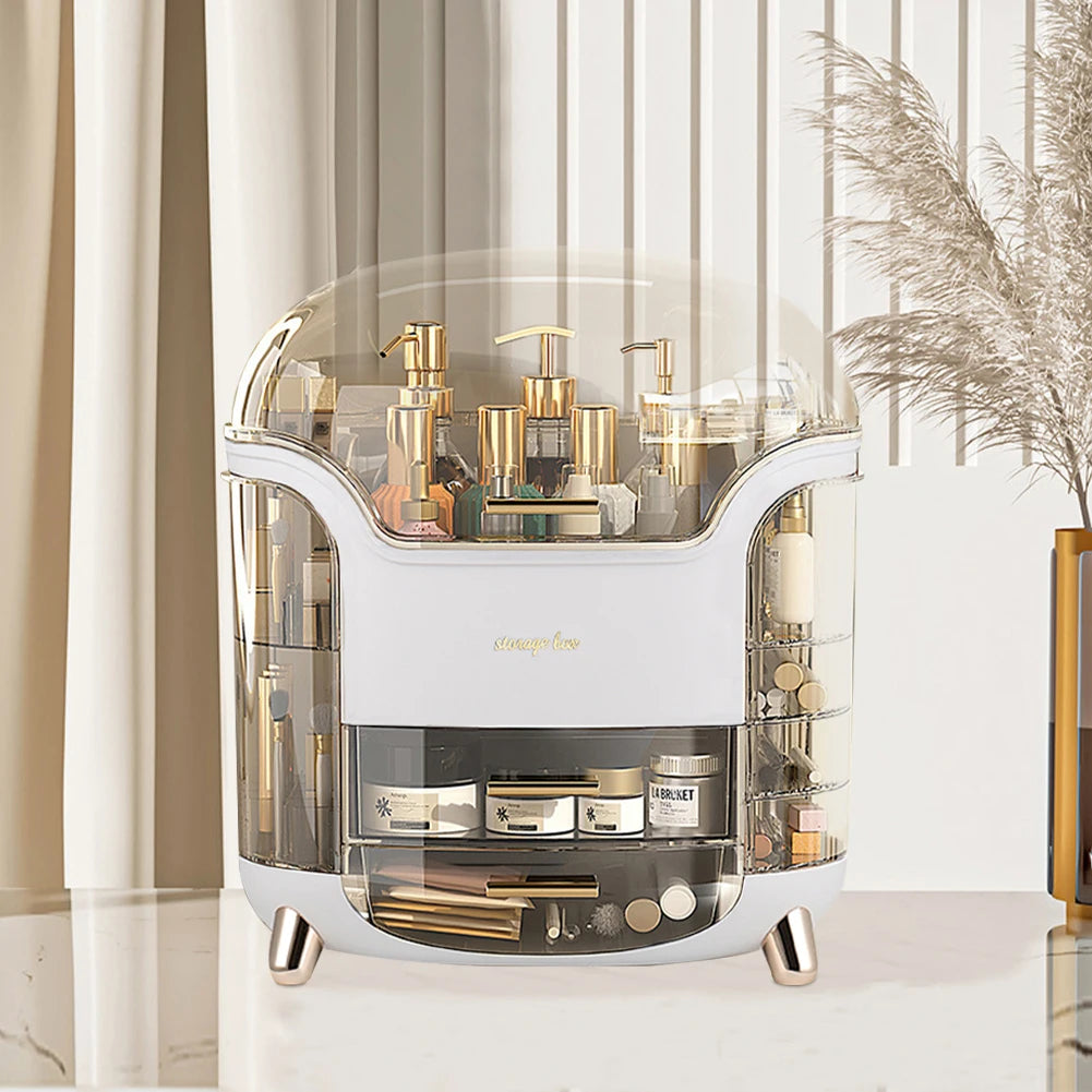 Cosmetic organizer with skincare products on a white surface with decorative elements.