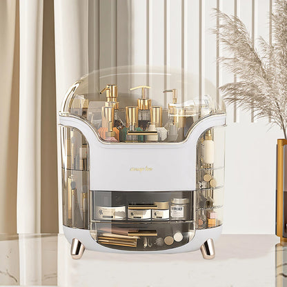 Cosmetic organizer with skincare products on a white surface with decorative elements.