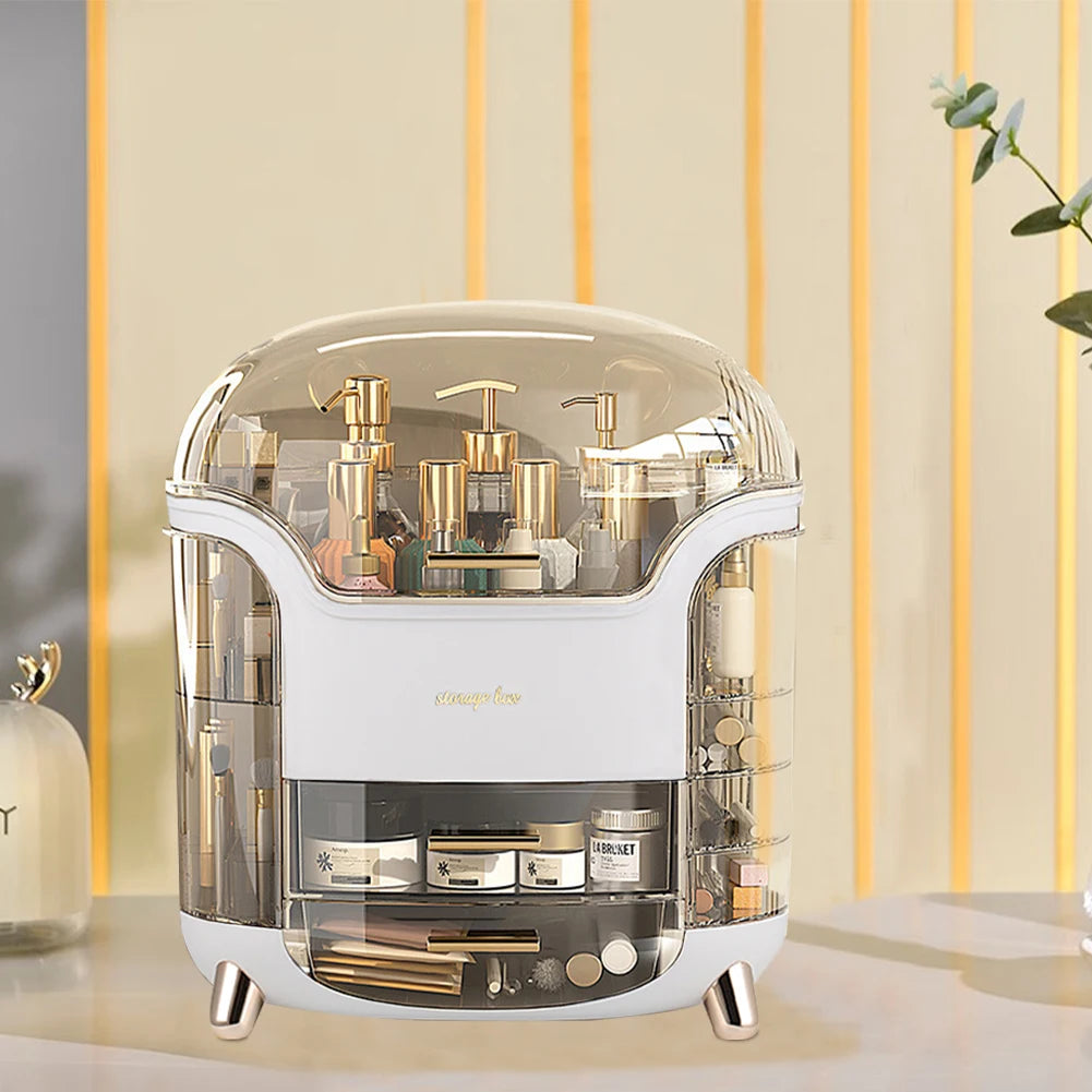 Cosmetic organizer with various products on a neutral background