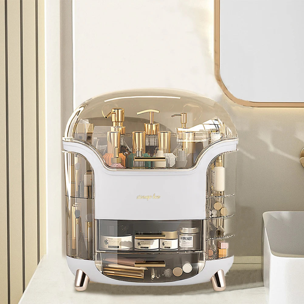 Cosmetic organizer with skincare products on a vanity table.