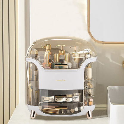 Cosmetic organizer with skincare products on a vanity table.