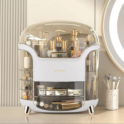 Cosmetic organizer with various products on a reflective surface.