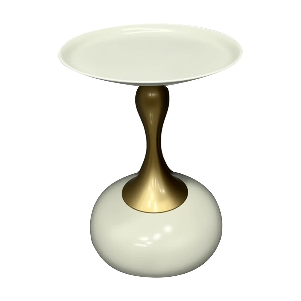 Small round table with a white top and gold base on a white background