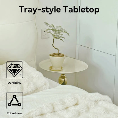 Small round tray-style tabletop with a plant on a bed, labeled 'Tray-style Tabletop' with durability and robustness icons.