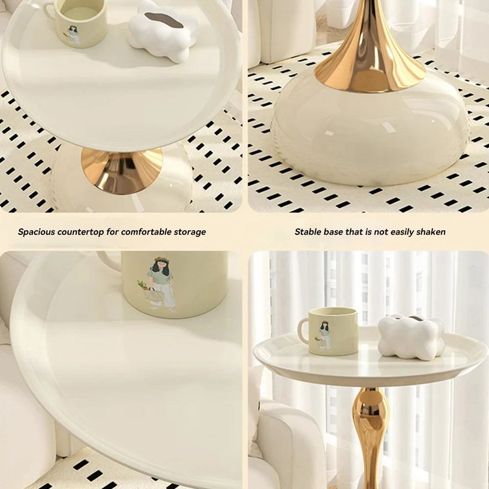 Small round table with gold legs and white surface, shown from multiple angles.