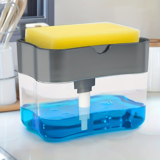 Soap dispenser with yellow sponge on top, filled with blue liquid, on a kitchen counter.