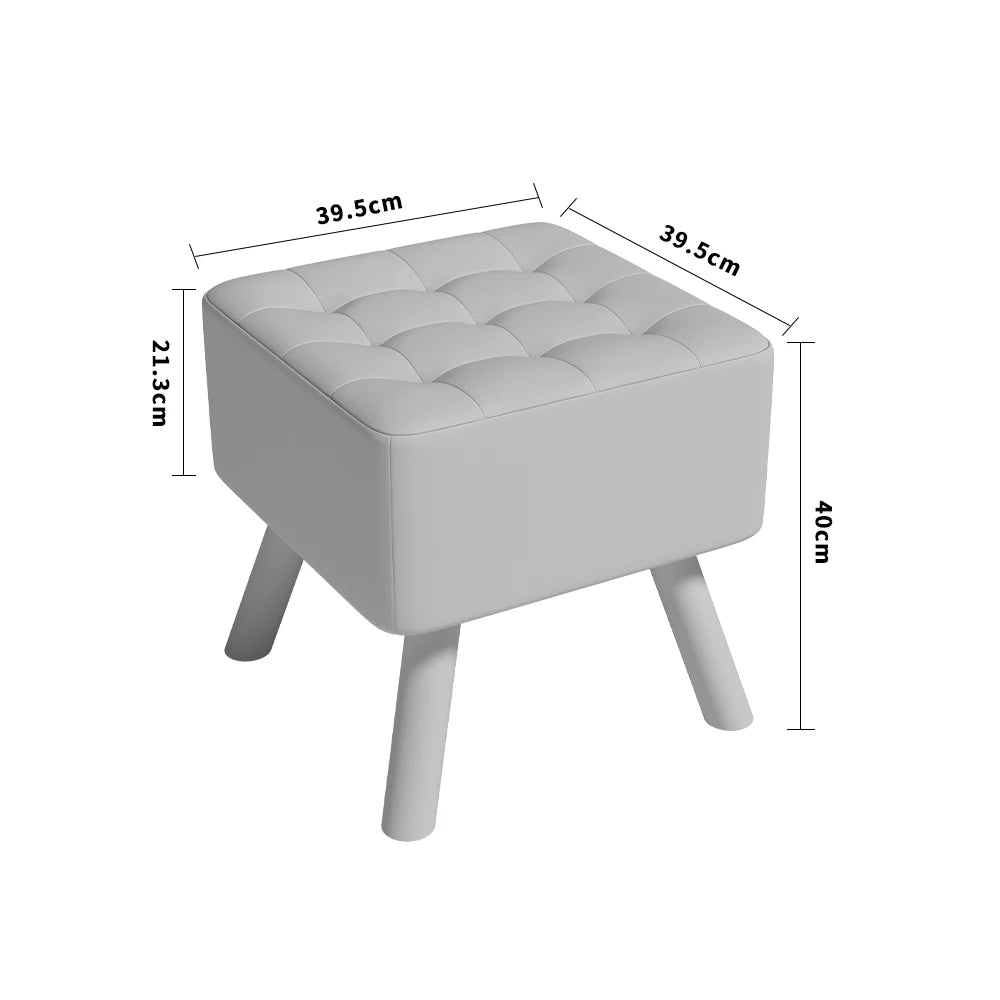 Gray ottoman with dimensions labeled on a white background