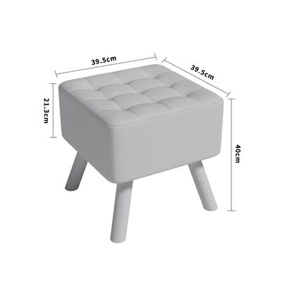 Gray ottoman with dimensions labeled on a white background