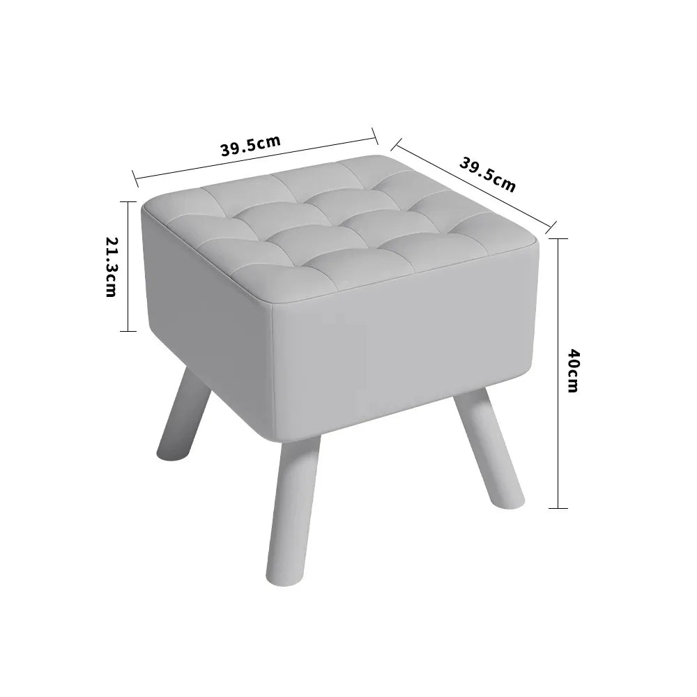 Gray ottoman with dimensions labeled on a white background