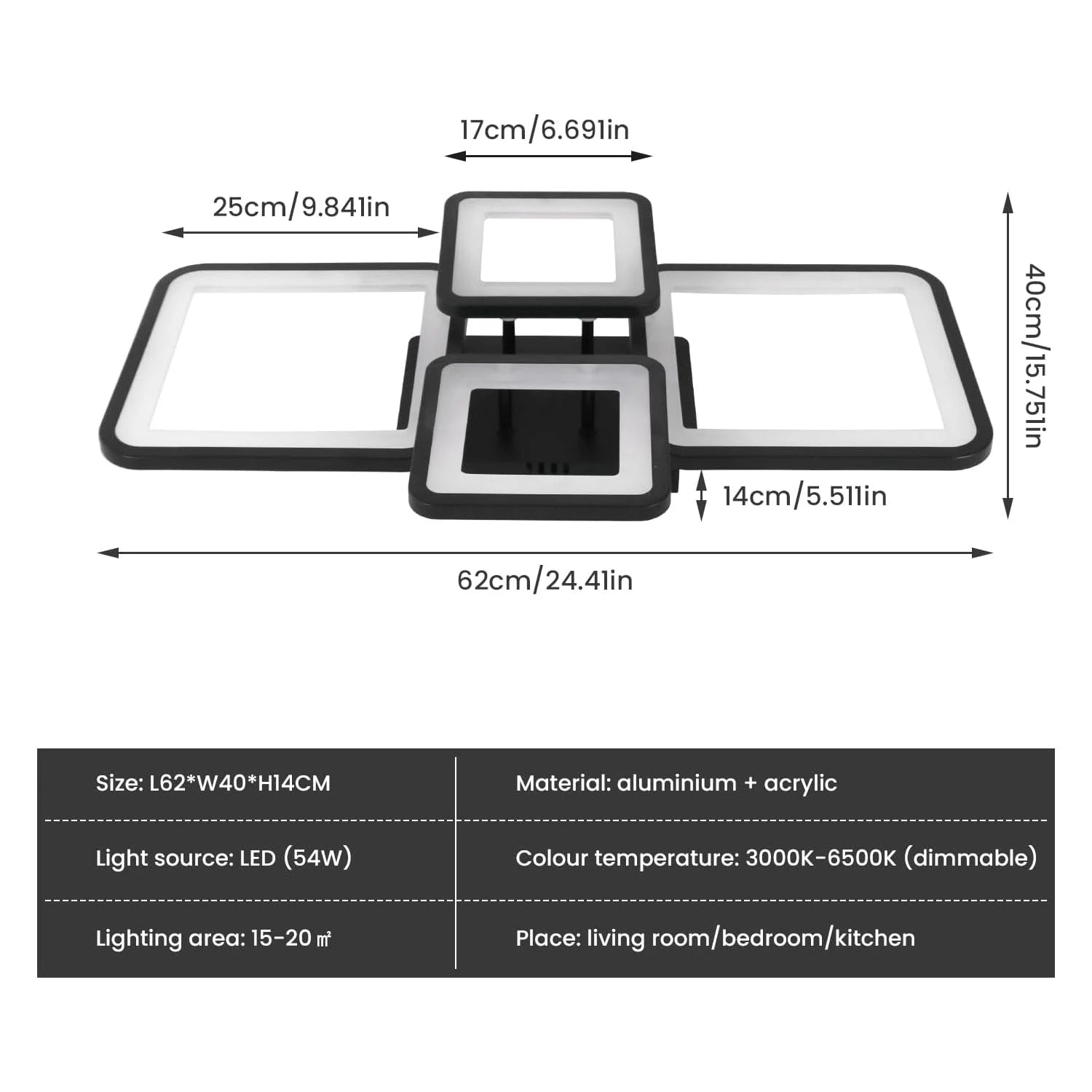 Measurement chart of a light fixture with dimensions and specifications.