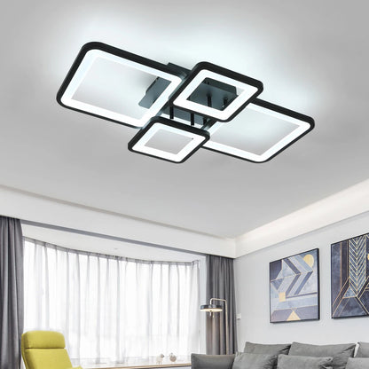 Modern ceiling light fixture in a living room setting with a gray sofa and window.