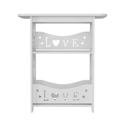 White decorative shelf with 'LOVE' and heart designs on a white background