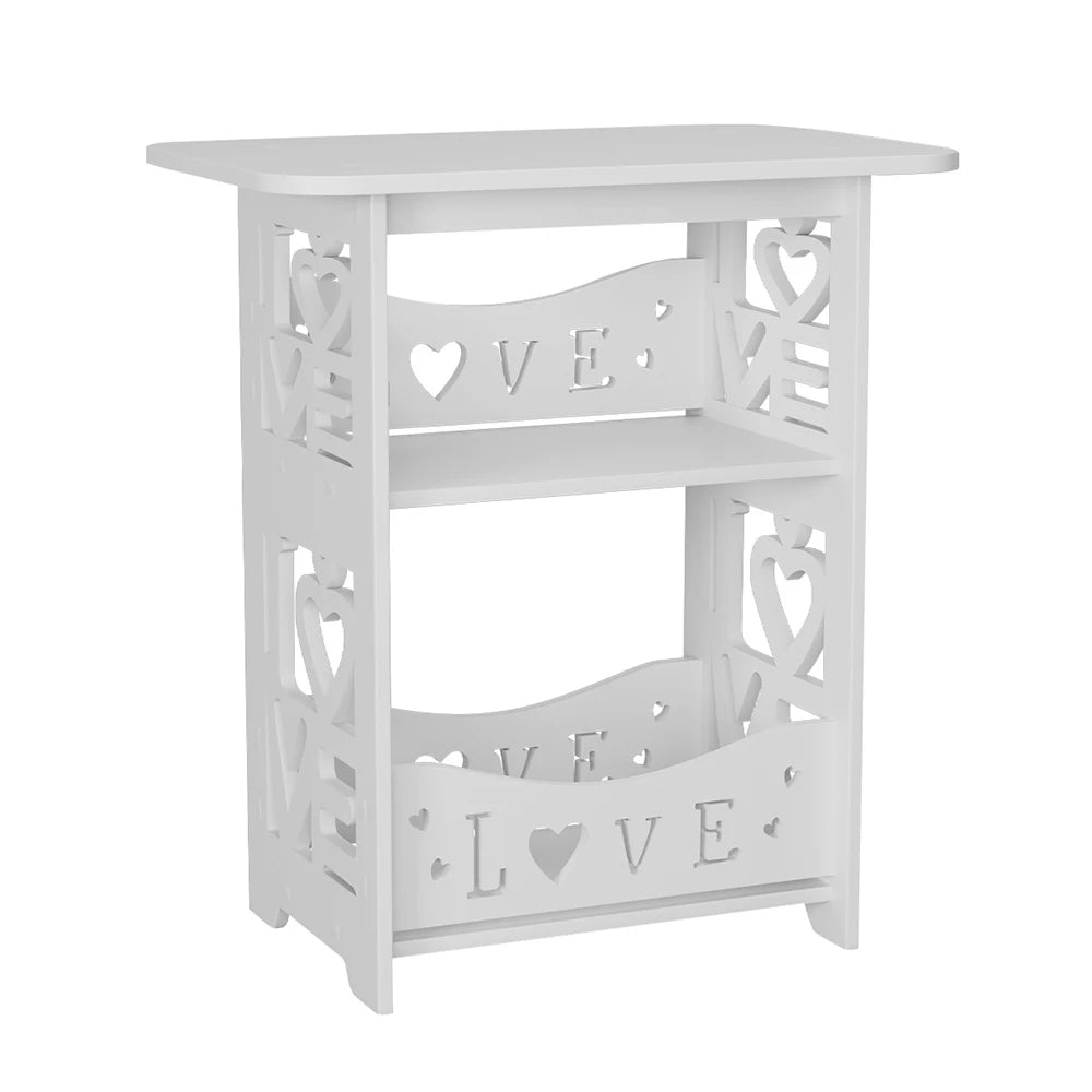White decorative table with 'LOVE' and heart designs on a white background