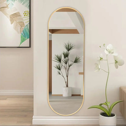 Full-length mirror with gold frame on a wall next to a potted plant and orchid.