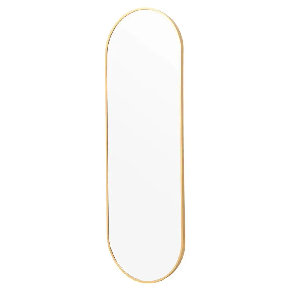Long, thin mirror with a gold frame on a white background