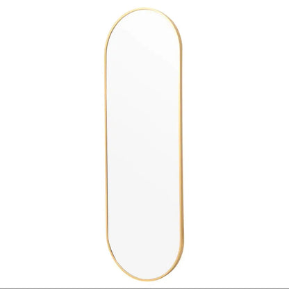 Long, thin mirror with a gold frame on a white background
