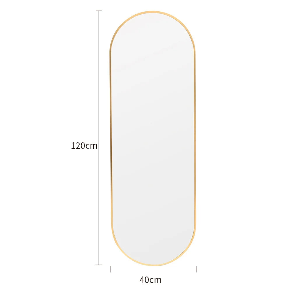 Rectangular mirror with gold frame and dimensions on a white background