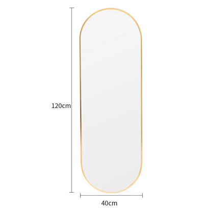 Rectangular mirror with gold frame and dimensions on a white background