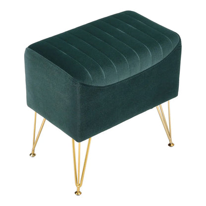 Green velvet ottoman with gold legs on a white background
