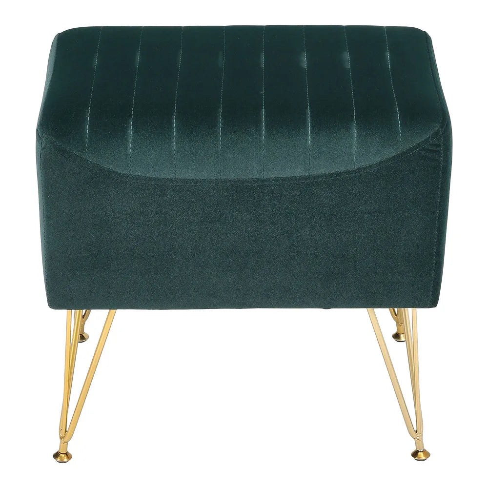 Green velvet ottoman with gold legs on a white background