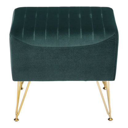 Green velvet ottoman with gold legs on a white background