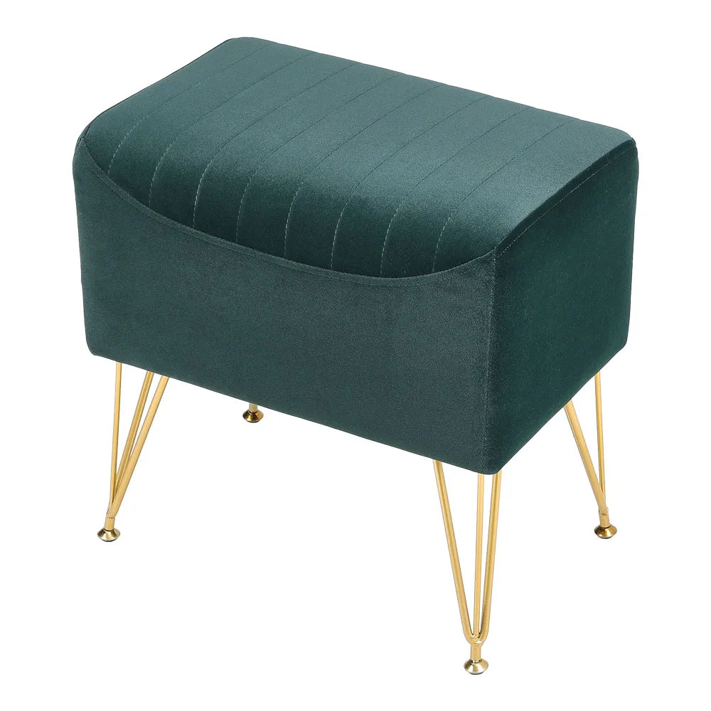 Green ottoman with gold legs on a white background