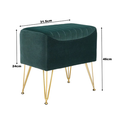 Green velvet stool with gold legs and dimensions labeled on a white background