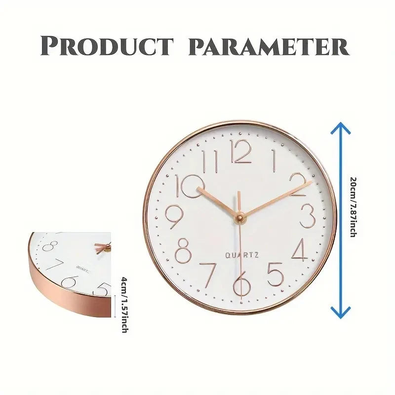 Wall clock with rose gold frame and white face, showing product parameter details.