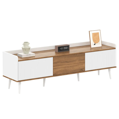 Wooden sideboard with white panels and decorative items on a white background