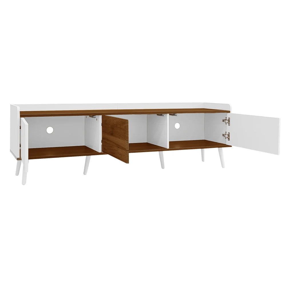 White and wood L-shaped desk with open storage compartments on a white background
