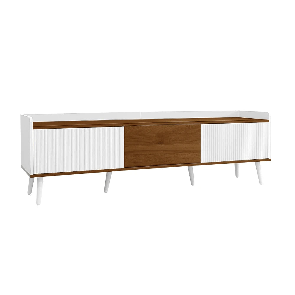 Modern sideboard with white and wood finish on a white background