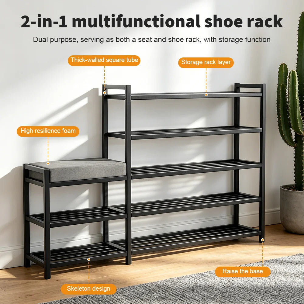 2-in-1 multifunctional shoe rack with storage layer, seat, and high-resilience foam on a wooden floor.