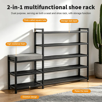 2-in-1 multifunctional shoe rack with storage layer, seat, and high-resilience foam on a wooden floor.