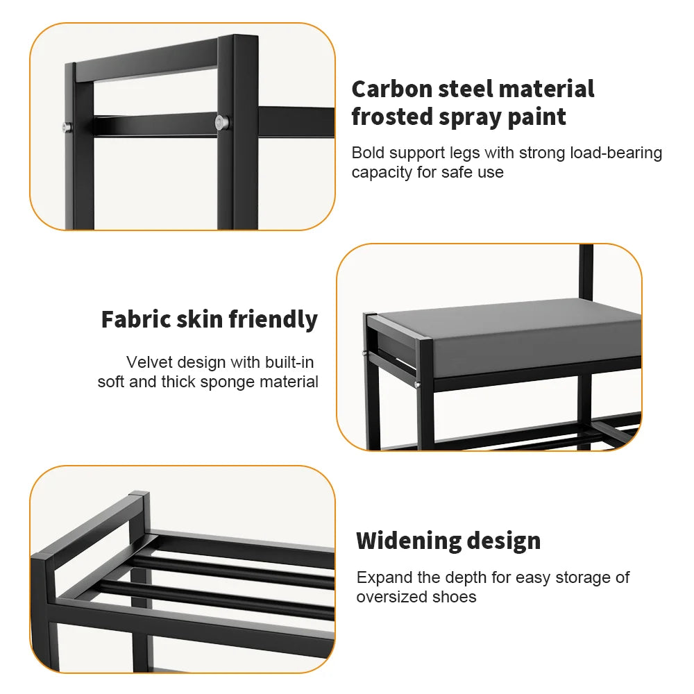 Product features including carbon steel material, frosted spray paint, fabric skin friendly design, and widening feature.