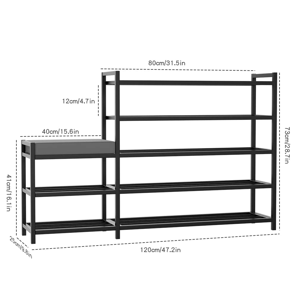 Black metal shelf with dimensions indicated on a white background