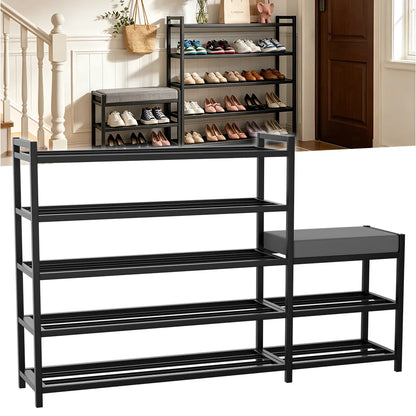 Black shoe rack with multiple shelves displaying various shoes in a room.