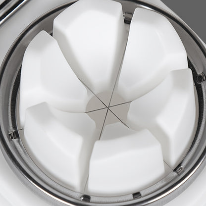 Close-up of a white wheel with a metallic rim on a gray background