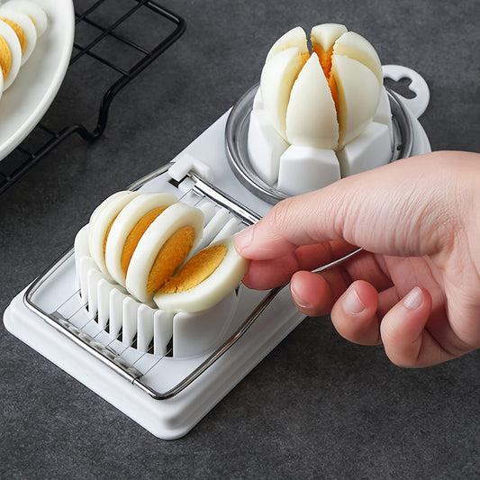 Egg slicer with sliced eggs on a dark surface
