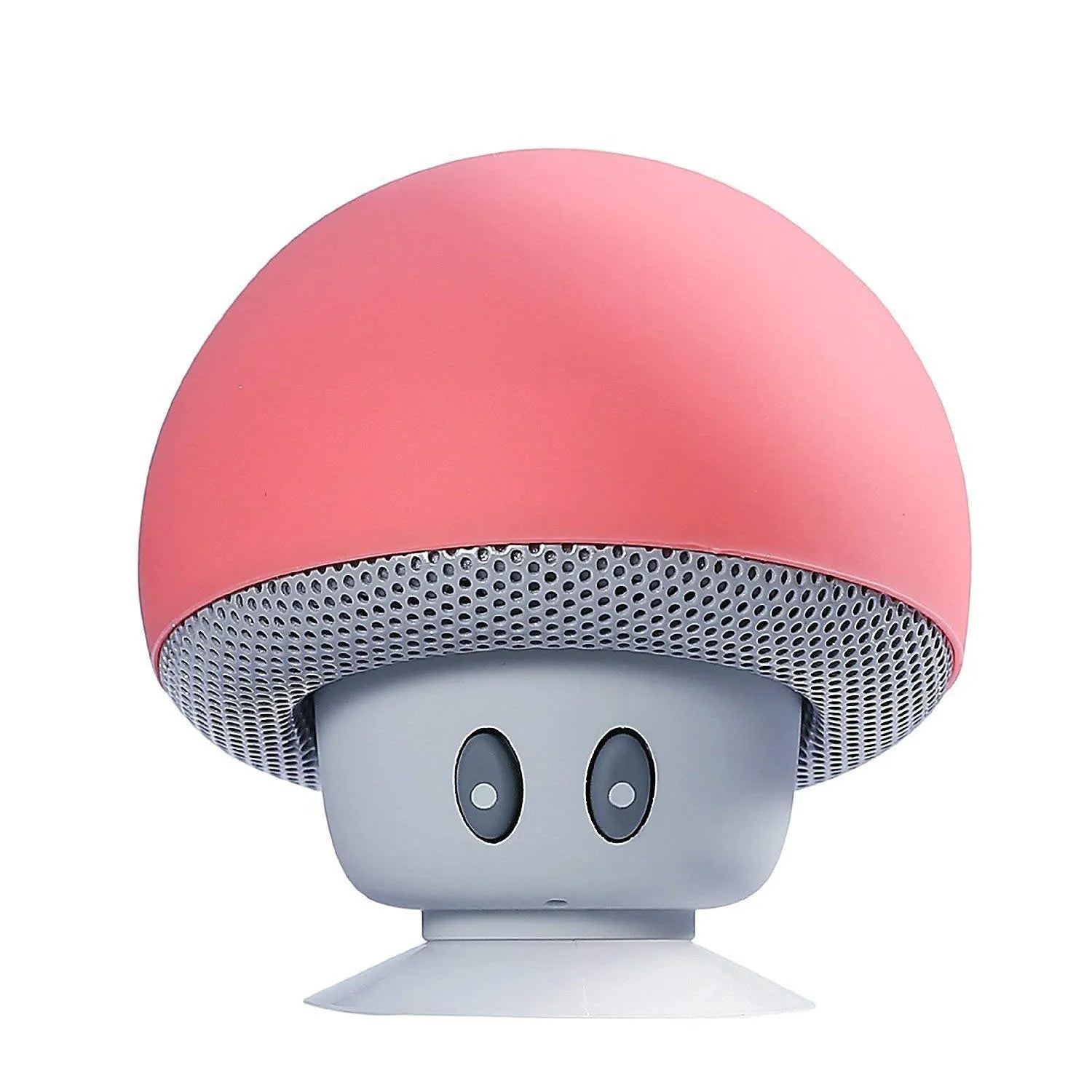Mushroom-shaped speaker with pink top and gray bottom on a white background