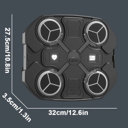 Top view of a black robotic device with measurements on a gray background